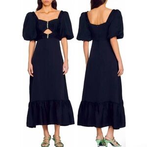 NWT SANDRO Falbala Rhinestone Embellished Cutout Midi Dress Black 6